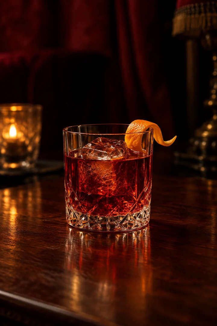 A ruby-red Negroni with orange peel in a crystal tumbler